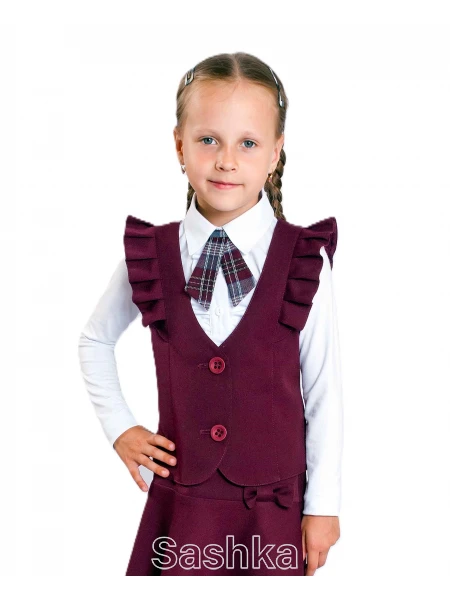 Жилет шкільний для дівчинки Sashka бордовий з рюшками, розмір 116-146